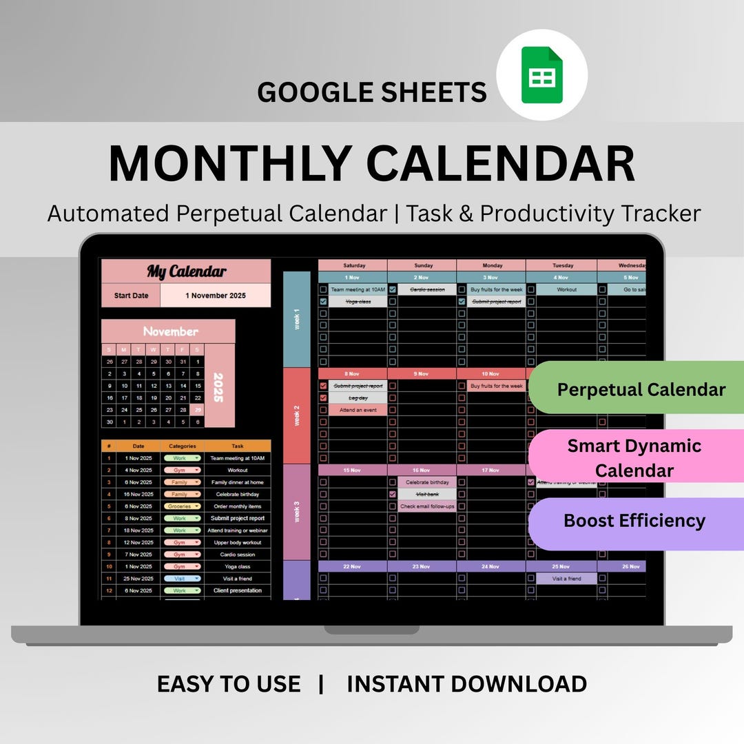Monthly Calendar Google Sheets | One-page Daily To-do List Planner ...