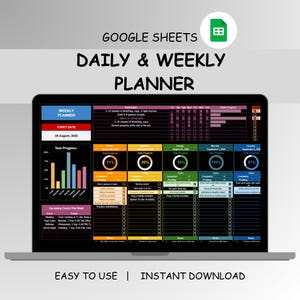 May include: A laptop screen displaying a Google Sheets daily and weekly planner template. The planner includes sections for task progress, start date, and upcoming events. Text on the screen reads "Easy to Use | Instant Download."