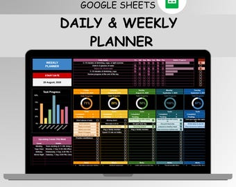 May include: A laptop screen displaying a Google Sheets daily and weekly planner template. The planner includes sections for task progress, start date, and upcoming events. Text on the screen reads "Easy to Use | Instant Download."