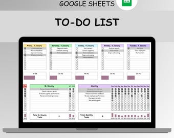 Op de afbeelding: Een laptopscherm met een Google Sheets to-do-lijstsjabloon. De sjabloon is georganiseerd per dag, met selectievakjes voor taken en voortgangspercentages. De tekst bevat "Easy to Use" en "Instant Download."