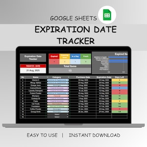May include: A laptop screen displays a Google Sheets expiration date tracker. The spreadsheet shows item names, categories, purchase and expiration dates, and days left. Text at the bottom reads "EASY TO USE | INSTANT DOWNLOAD."