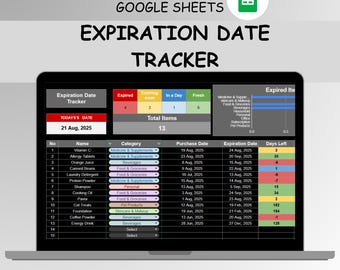 Expiration Date Tracker |Google Sheets Expiration Date Template |Document Due Date Tracker |Category Due Date Dark Mode Spreadsheet Template