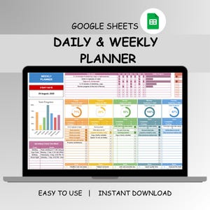 Planificador semanal, planificador diario de tareas, seguimiento de horarios, lista de tareas, lista de objetivos diarios, planificador de productividad de hábitos, agenda de Google Sheets