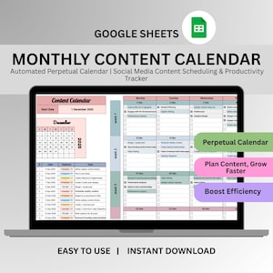 Peut inclure: Un écran d'ordinateur portable affiche un modèle de calendrier de contenu mensuel Google Sheets. Le calendrier comprend des sections pour la date, la plateforme et la tâche, avec le texte "Easy to Use | Instant Download". Il est conçu pour la planification de contenu et le suivi de la productivité.