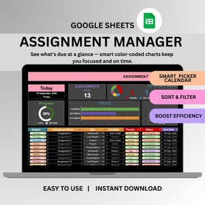 Assignment Tracker Google Sheets| Digital Student Planner Spreadsheet | Homework Study School Exam Organizer Assessment Academic Tracker