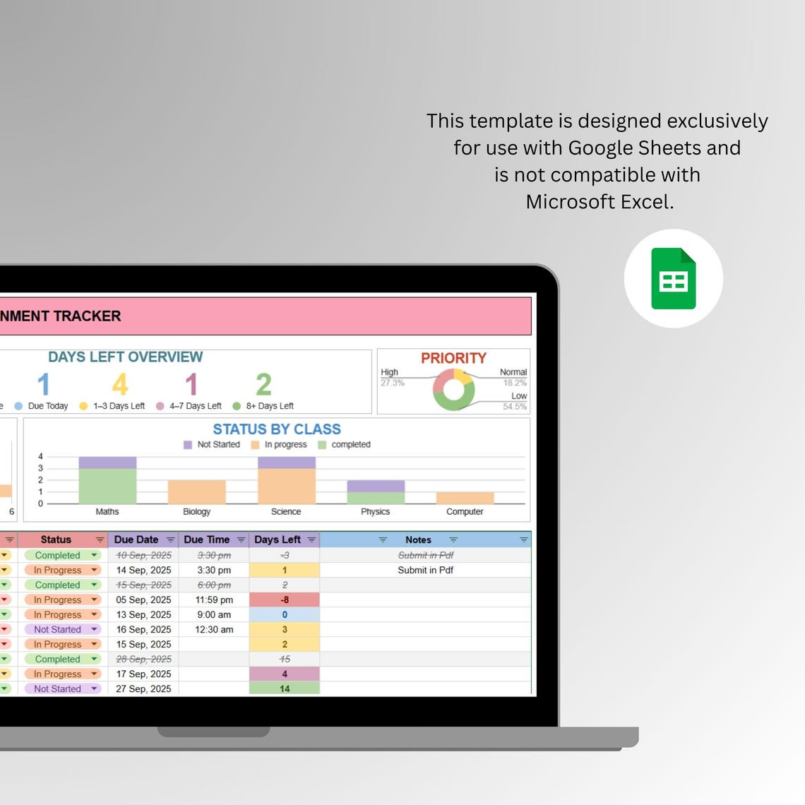 Assignment Tracker Google Sheets Digital Student Planner Spreadsheet ...