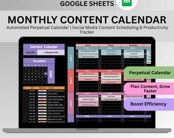May include: A laptop screen displays a monthly content calendar template for Google Sheets. The calendar is color-coded with sections for dates, platforms, and content ideas. Text includes "Monthly Content Calendar" and "Easy to Use | Instant Download."