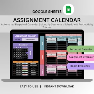 Puede incluir: Una pantalla de portátil muestra una plantilla de calendario de tareas de Google Sheets. El calendario es morado, rosa y verde, con el texto "Assignment Calendar" y "Easy to Use | Instant Download". El calendario incluye un calendario de diciembre de 2025 y una lista de tareas semanales.