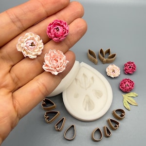 Mini Peony Flower Mold & Veiner Set for Polymer Clay Earrings, Tiny Flower Cutter Set