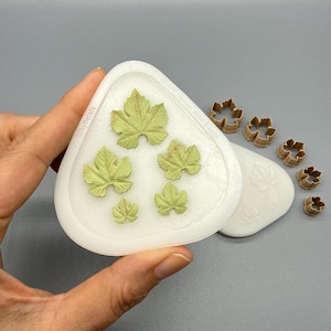 Può includere: Uno stampo in silicone triangolare traslucido con cinque forme di foglie incavate di varie dimensioni, con il testo Silky Petals in rilievo sul bordo. Accanto allo stampo ci sono cinque piccoli tagliapasta marroni a forma di foglia.