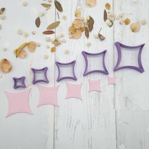 Puede incluir: Un conjunto de cortadores de galletas cuadrados morados y recortes en forma de estrella rosa de varios tamaños. Los cortadores están dispuestos sobre una superficie de madera blanca, con flores secas esparcidas.