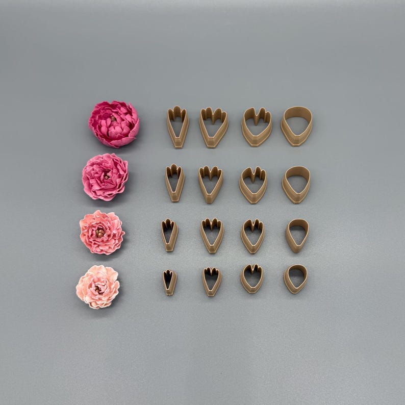 Small peony petal cutter set with precision 3D printed cutters in multiple petal sizes for polymer clay flowers, designed for realistic peony jewelry, earrings, charms and miniature floral designs. Sharp PLA flower cutters create clean, accurate cuts for bakeable and air-dry polymer clay, ideal for botanical flower making, brooches, hair accessories and detailed floral art.