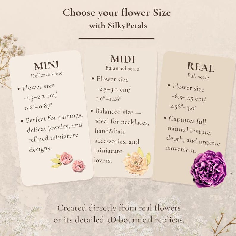 May include: An informational chart titled Choose your flower Size with SilkyPetals, displaying three categories: MINI, MIDI, and REAL. Each section lists specific flower size measurements in inches and centimeters, accompanied by small floral illustrations.