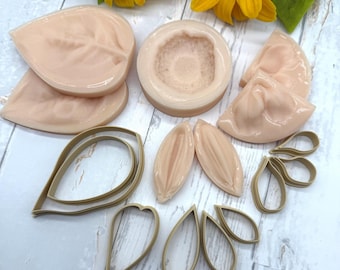 Sonnenblume Silikon-Vener- und Ausstecher-Set - Blütenblätter, Kelchblätter, Blätter & Mitten, handgefertigte Blumen-Form für Polymer-Clay aus echten Blumen