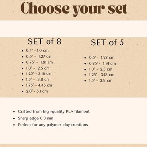 May include: Image shows text: "Choose your set." Two sets of items are listed: "SET of 8" and "SET of 5." Measurements are provided in inches and centimetres, ranging from 0.4" (1.0 cm) to 2.0" (5.1 cm).