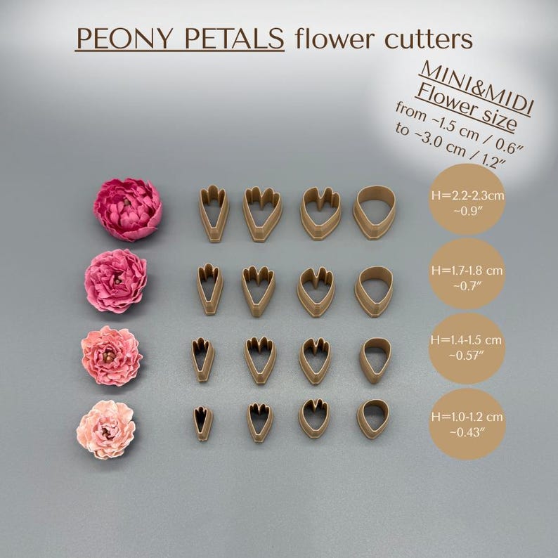 May include: A set of PEONY PETALS flower cutters in mini and midi sizes ranging from 1.5 cm (0.6 inches) to 3.0 cm (1.2 inches). The set includes four rows of brown plastic cutters alongside four pink peony flowers of varying sizes.
