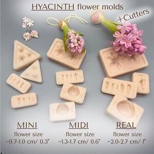 K&ouml;nnte beinhalten: Beige Silikonformen und Ausstecher f&uuml;r Hyazinthenbl&uuml;ten in den Gr&ouml;&szlig;en MINI, MIDI und REAL. Der Text lautet "HYACINTH flower molds + Cutters" und die Gr&ouml;&szlig;enangaben der Bl&uuml;ten in cm und Zoll.