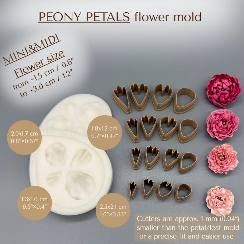 May include: A white silicone peony petals flower mold, sixteen brown petal cutters, and four finished peony flowers. Text includes PEONY PETALS flower mold, MINI&MIDI Flower size from 1.5 cm / 0.6" to 3.0 cm / 1.2", and various dimensions.