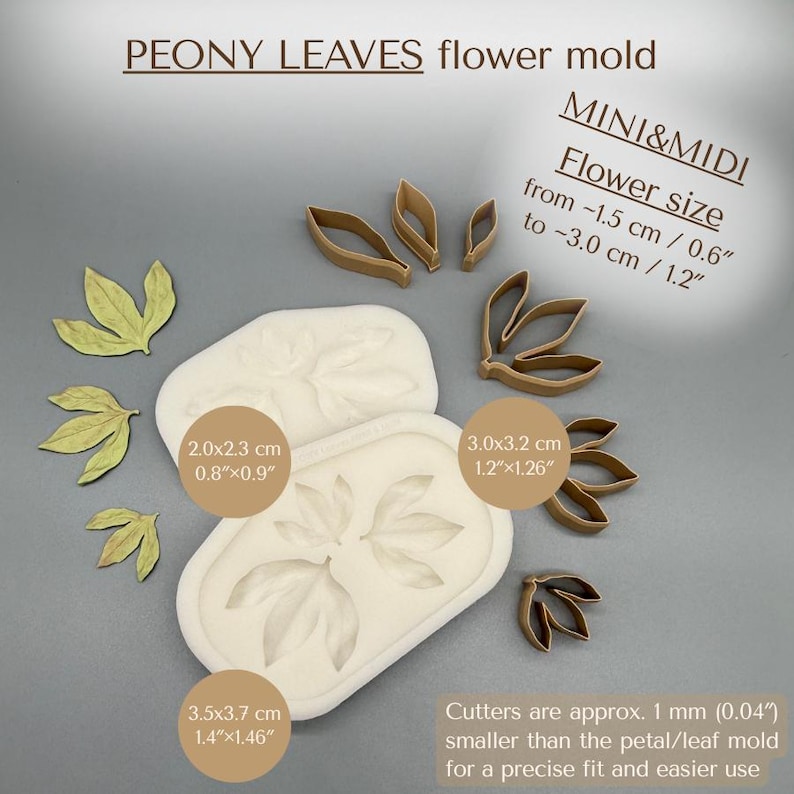 May include: A white silicone peony leaves flower mold with brown plastic leaf cutters. Text includes PEONY LEAVES flower mold, MINI & MIDI Flower size from 0.6 to 1.2 inches, and dimensions like 0.8x0.9 inches, 1.2x1.26 inches, and 1.4x1.46 inches.