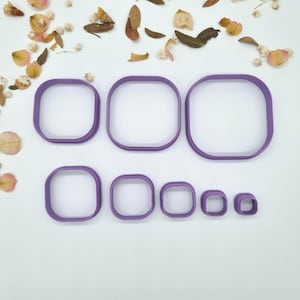 Peut inclure: Un ensemble de sept emporte-pièces carrés violets de différentes tailles. Les emporte-pièces sont disposés en deux rangées, les plus grands en haut et les plus petits en bas. Le fond est blanc avec des fleurs et des feuilles séchées éparpillées.