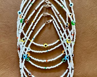 Evil Eye Necklace • Handmade Beaded Jewelry • White Seed Beads • Colorful  Eye Charm • Protective Amulet Necklace for Layering