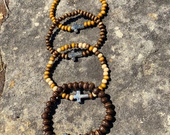 Wood Beaded Bracelet With Cross Charm