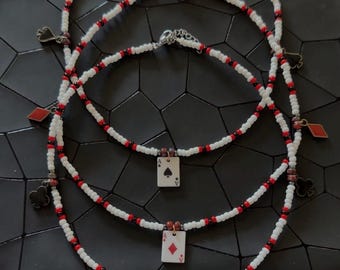 Playing Card Beaded Choker – Casino Aesthetic Necklace | Red, White & Black Seed Beads | Stainless Steel Clasp | Western Boho Jewelry