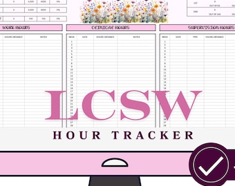 Puede incluir: Un monitor de computadora rosa muestra una hoja de cálculo de Excel titulada "LCSW Hour Tracker". La hoja de cálculo está diseñada para el seguimiento de las horas de trabajo, clínicas y de supervisión. También se muestran las palabras "Ready to Use" y "Easy to Use".