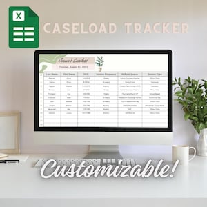 Może przedstawiać: Ekran komputera wyświetla arkusz kalkulacyjny Caseload Tracker z zieloną ikoną programu Excel w lewym górnym rogu. Nad ekranem widnieje napis "CASELOAD TRACKER". Słowo "Customizable!" jest napisane kursywą na dole.