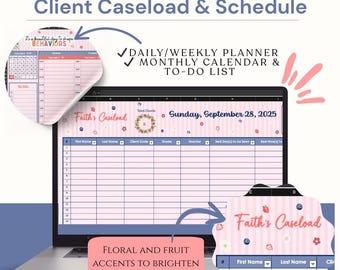 May include: A laptop screen shows a planner titled "Client Caseload & Schedule." The design incorporates floral and fruit accents, with a daily/weekly planner, monthly calendar, and to-do list. The text reads "Faith's Caseload" and "Sunday, September 28, 2025."