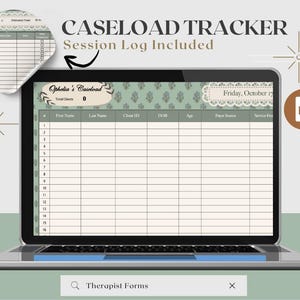 Może przedstawiać: Laptop wyświetla szablon Caseload Tracker z tekstem "Session Log Included". Szablon zawiera pola na informacje o kliencie i jest oznaczony jako "Ophelia's Caseload". Ekran pokazuje siatkę z kolumnami na imię, nazwisko i identyfikator klienta.