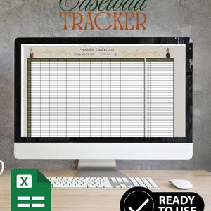 Może przedstawiać: Monitor komputera wyświetlający arkusz kalkulacyjny zatytułowany "Caseload Tracker". Ekran pokazuje siatkę do wprowadzania danych. Ikona programu Excel i grafika "Ready to Use" są również widoczne.