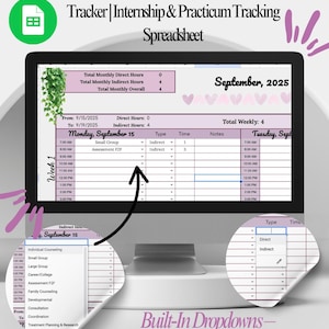 May include: A computer monitor displays a spreadsheet titled "Counseling Hours Log" with a green icon. The spreadsheet shows a weekly schedule for September 2025, with built-in dropdowns for session and activity types. The text includes "Internship & Practicum Tracking Spreadsheet."