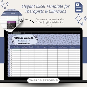 May include: A laptop screen displays an Excel template for therapists and clinicians. The template includes fields for client information, service frequency, and location. The text "Elegant Excel Template for Therapists & Clinicians" is at the top.