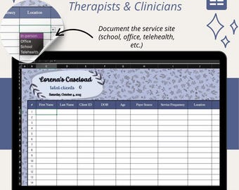 May include: A laptop screen displays an Excel template for therapists and clinicians. The template includes fields for client information, service frequency, and location. The text "Elegant Excel Template for Therapists & Clinicians" is at the top.