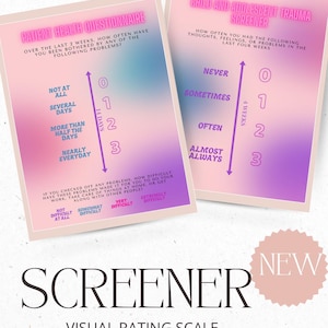 May include: Two gradient-colored cards with text, one titled "Patient Health Questionnaire" and the other "Child and Adolescent Trauma Screener." The cards are part of a visual rating scale, with the word "Screener" prominently displayed below.