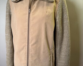 Chaqueta vintage de punto y ante sintético color canela - Talla 12 - Fabricada en EE. UU. - Cremallera frontal de los años 70