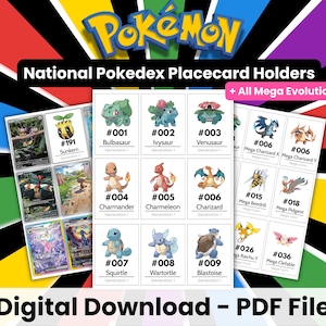 Può includere: File PDF digitale con National Pokedex Placecard Holders con personaggi Pokémon come Bulbasaur, Ivysaur e Venusaur. L'immagine include il testo "+ All Mega Evolutions" e "Digital Download - PDF File".