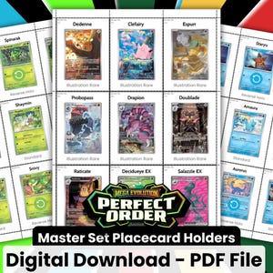 May include: A collection of Pokémon trading card placeholders, featuring various card illustrations. The cards are arranged in rows and columns, with text labels identifying the Pokémon and card details. The image also includes the text "Master Set Placecard Holders" and "Digital Download - PDF File".