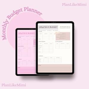 May include: Two digital tablets displaying a "Monthly Budget Planner" template. The tablets are black with white screens, featuring pink and beige color schemes. The text "PlanLikeMimi" is visible.