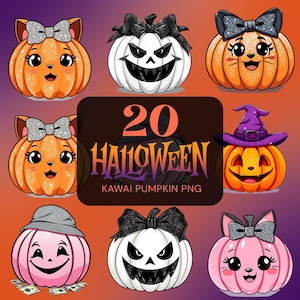 20 Kawaii Pumpkin PNG Bundle • Cute Halloween Clipart • Transparent • 300 DPI • Jack-O’-Lanterns with Bows, Witch Hat, Pink & White Pumpkins