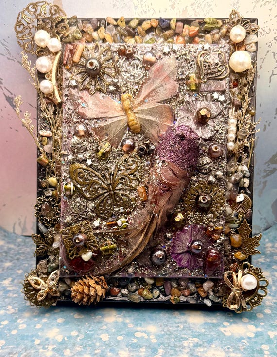 Vintage Bird Butterfly Artwork, 8x10 Wall Decor Canvas Framed Mixed Media Embellishments Beaded Decoupage.