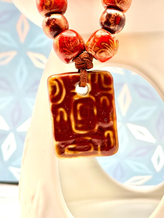 Beaded Necklace Ceramic Pendant Terracotta Hand-tied Faux Leather Cord Hand-painted Wooden Beads