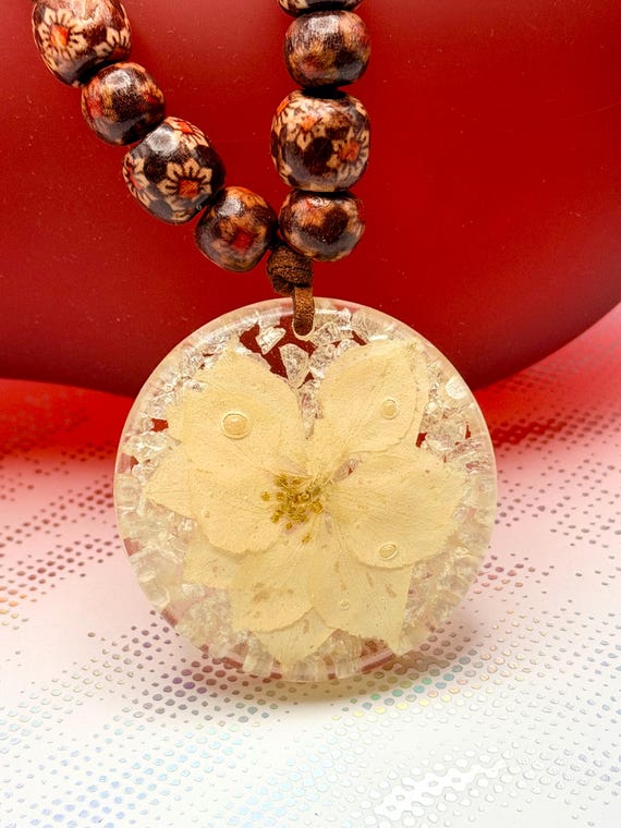 Larkspur Pendant Necklace withPressed Flower, Crushed Glass, Wooden Beads, and Faux Leather