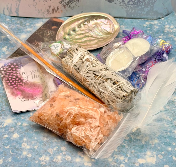 Chakra Healing Energy Cleansing Set with Sage Stick, Abalone Shell, and Crystals
