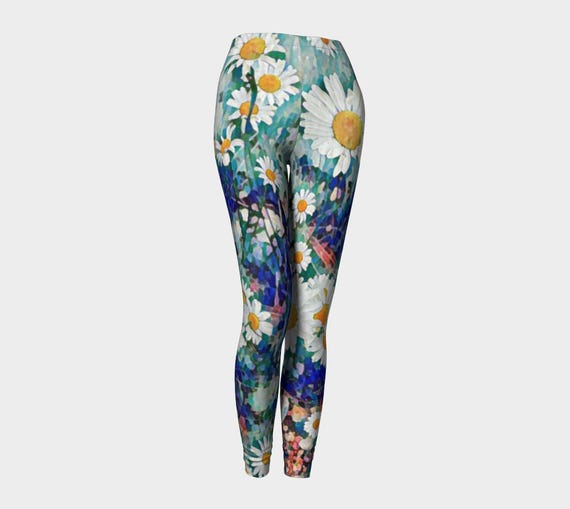 Daisy Art Flower Print Yoga Leggings for Women, Ankle Length, Active Wear