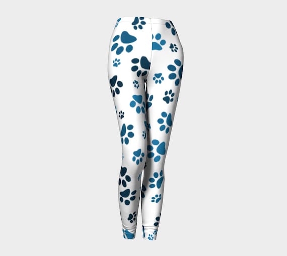 White leggings featuring dog paw blue print yoga tights for women, ankle length.