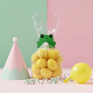 May include: A clear cellophane bag filled with yellow candies, sealed with a green frog-shaped clip. A pink and mint party hat and a yellow balloon are also present, along with a green ribbon. The background is split between pink and mint green.