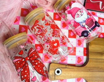 Valentine Glass Iced Coffee Cup with Bamboo Lid & Straw, Cute Pink Red Hearts Tumbler, Valentine Gift