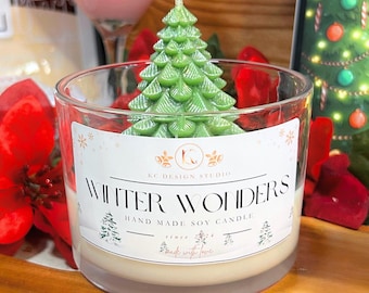 Winter Wonders Decorative Candle – Snow Base with Green Tree – Alpine Cheer Holiday Display Piece